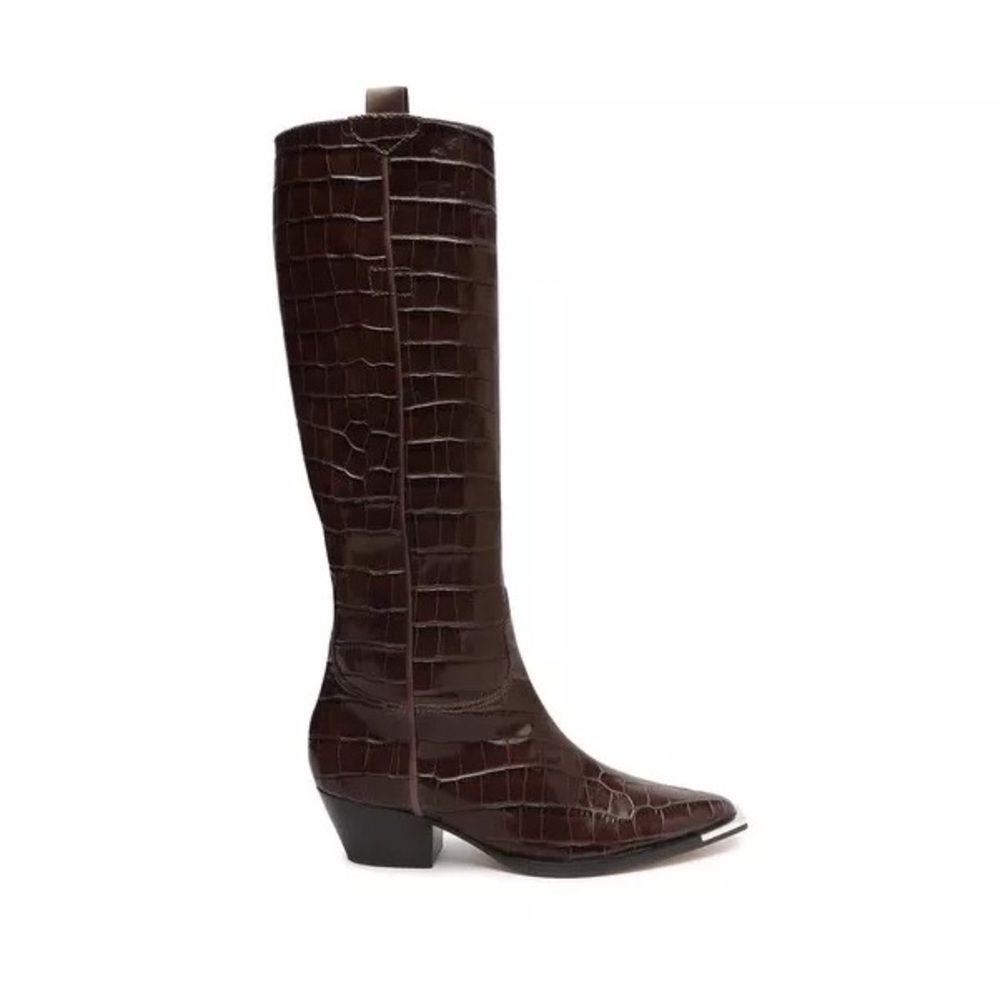 Schutz Tessie Crocodile-Embossed Leather Boot, Dark Chocolate, Size 8